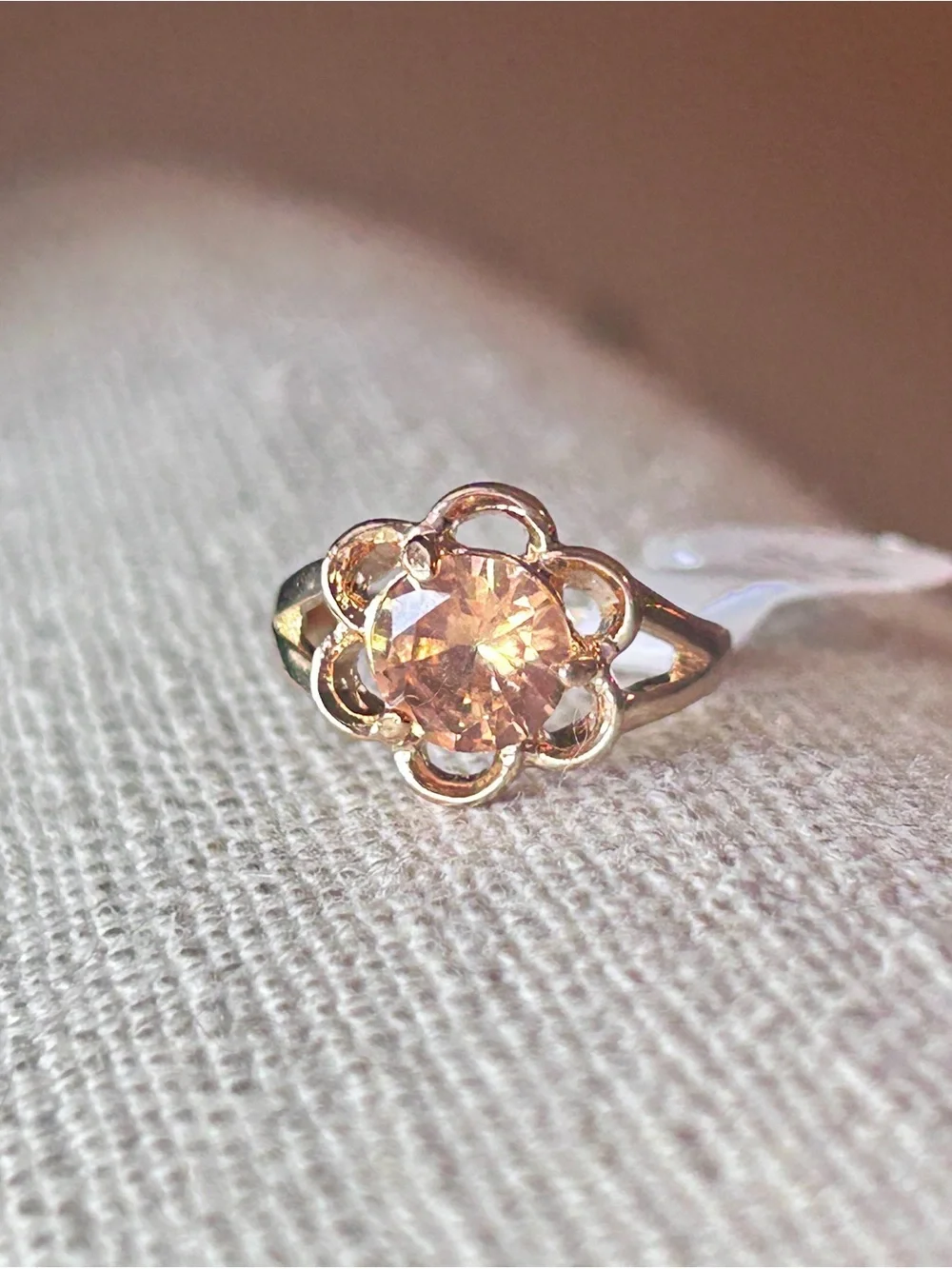 Gold Floral Peach CZ Ring - size 7